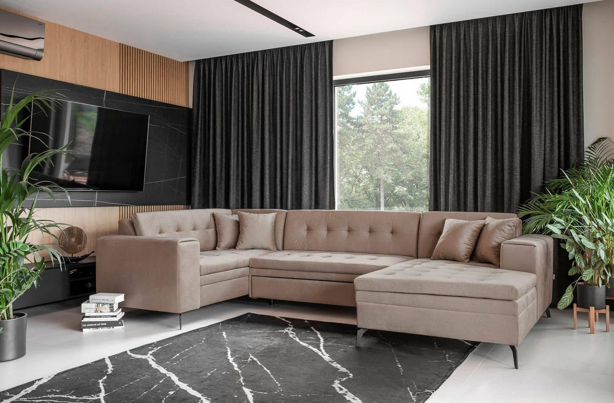 WOHNLANDSCHAFT mit Schlaffunktion, luxus Nube-Stoff - Beige/Schwarz, Textil/Metall (340/93/180cm) - Eltap