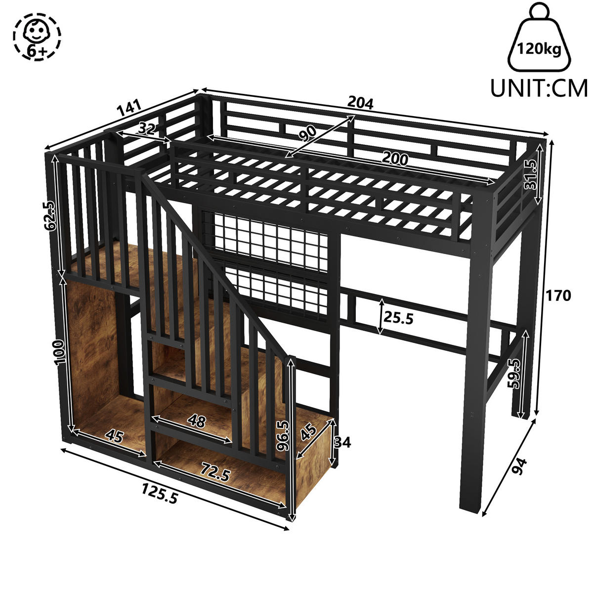 HOCHBETT 90/200 cm Schwarz, mit Eisenrahmen, Aufbewahrungstreppe, Gitter und LED-Licht - Schwarz, Metall
