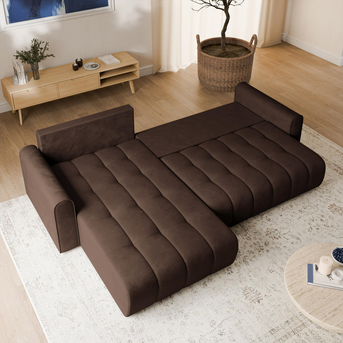 ECKSOFA FRIGA Braun Velours-Stoff mit Schlaffunktion - Braun, Holz (283/185cm) - MASSENO