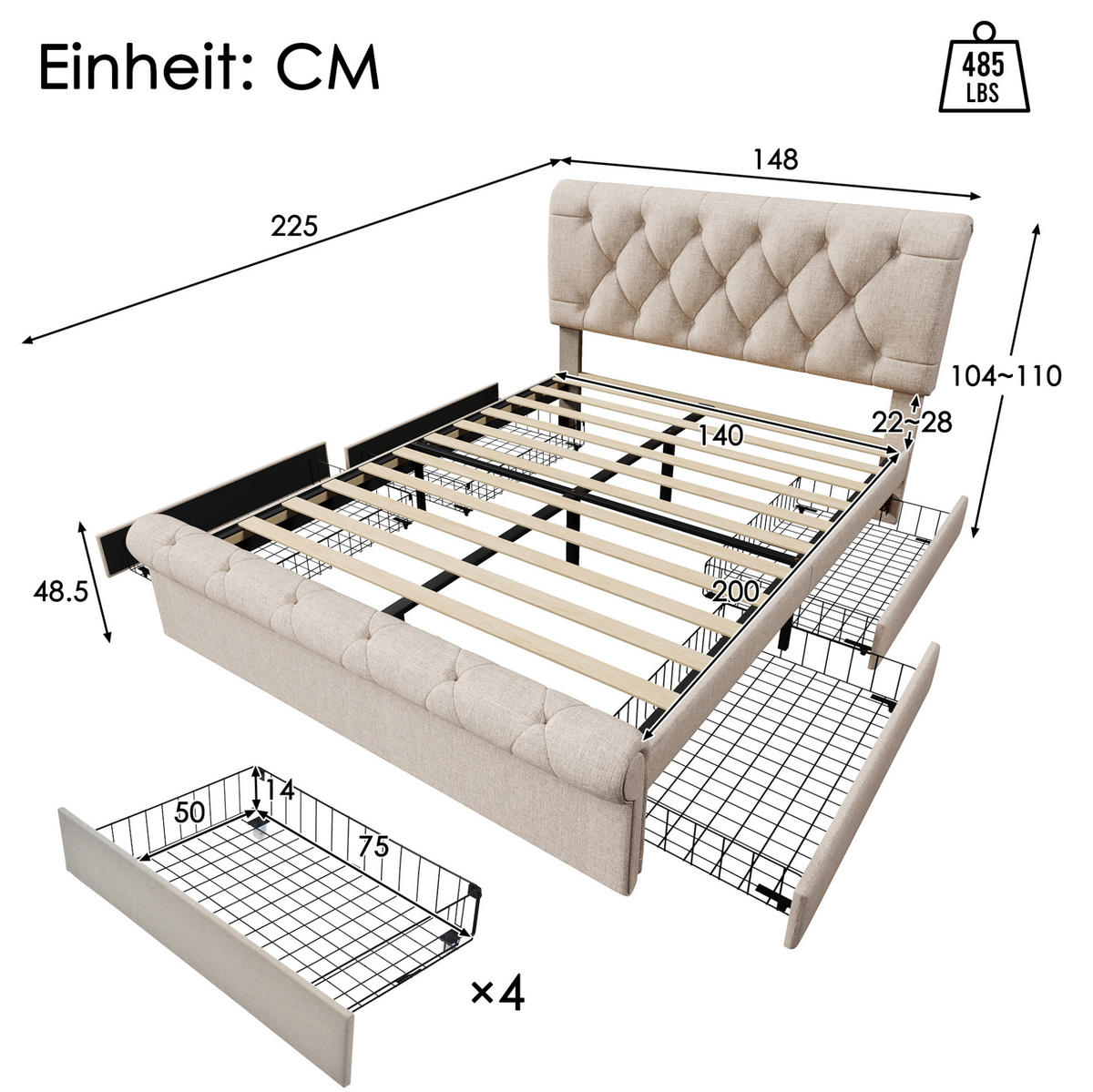POLSTERBETT 140/200 cm Natur mit 4 Schubladen und höhenverstellbarem Kopfteil - Naturfarben, Metall (140/200cm) - OKWISH