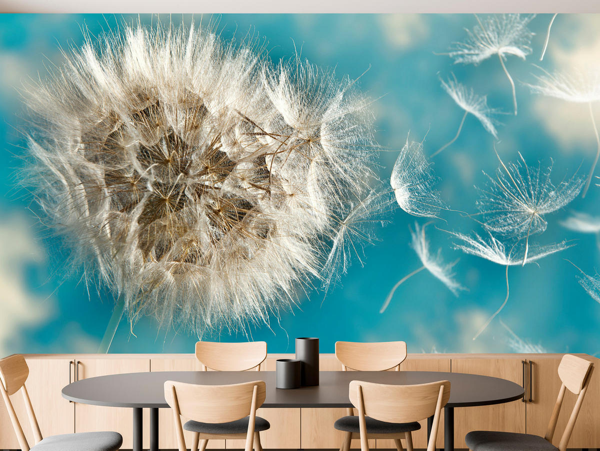 FOTOTAPETE für Schlafzimmer Löwenzahn im Wind Leicht Dynamisch 300x210 - Blau/Beige, Papier (300/210cm) - Muralo