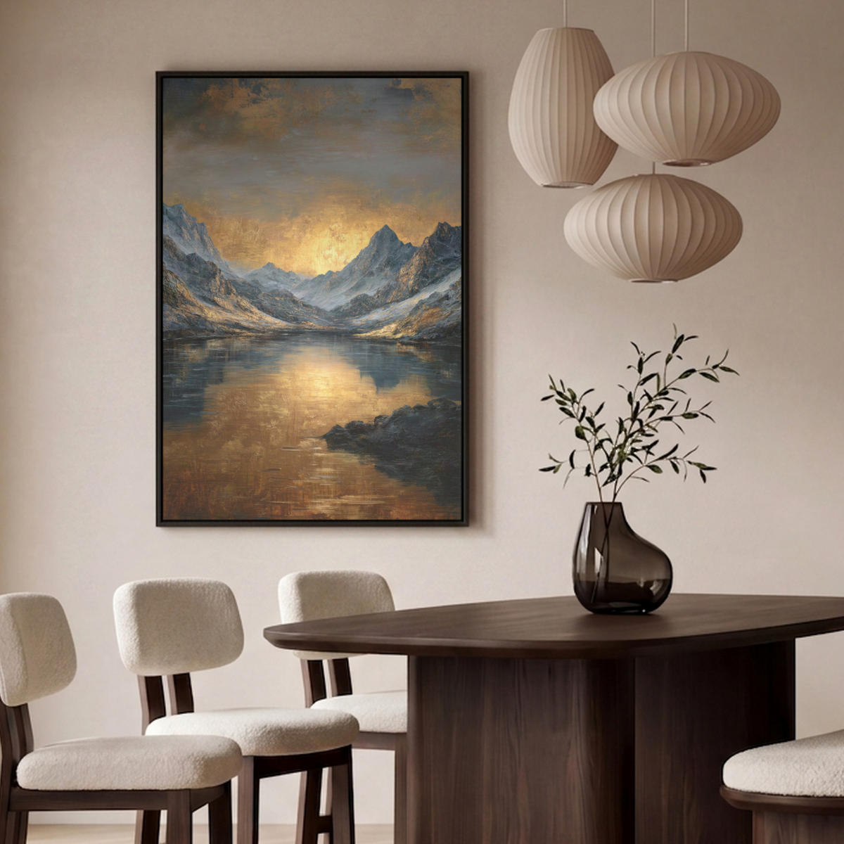 LEINWAND Bilder mit Rahmen - Bergkulisse mit goldenem Sonnenuntergang - 80x120 - Goldfarben, Textil (80/120cm) - MuchoWow