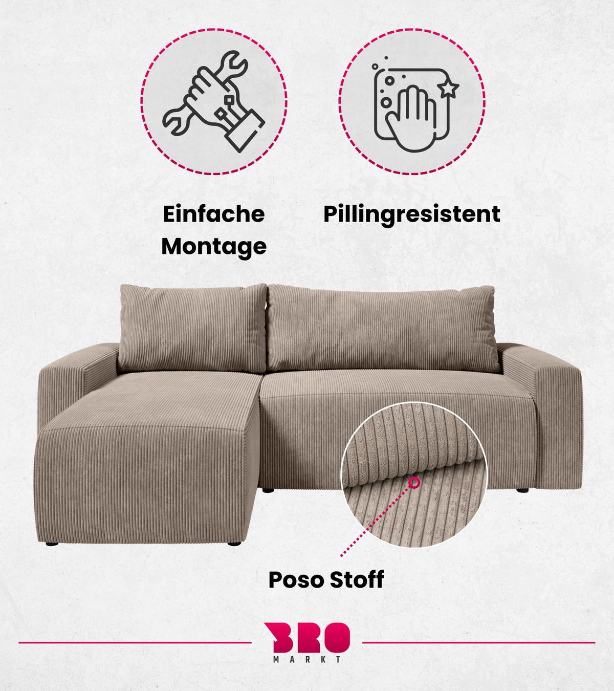 ECKSOFA PLUSH mit Schlaffunktion Beige Cord - Beige, Textil (240/145cm) - Bromarkt
