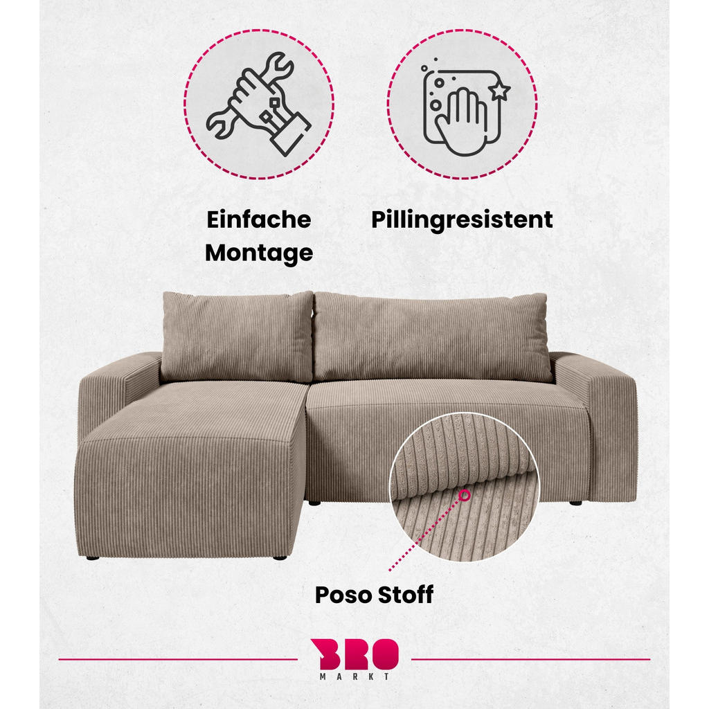 Thumbnail - Bromarkt Ecksofa, Beige, Textil, 3-Sitzer, Füllung: Federn, L-Form,L-Form, 240x145 cm, Wohnzimmer, Sofas & Couches, Wohn...
