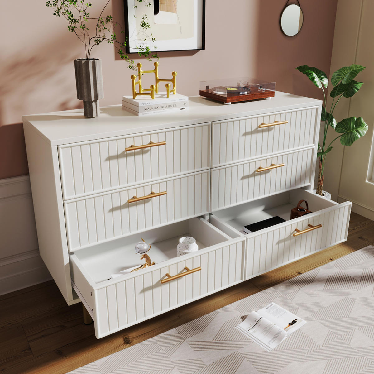 SIDEBOARD holzwerkstoff weiß mit geriffelter front & 6 schubladen - Weiß, Holzwerkstoff (120/40/75cm) - Urban Meuble