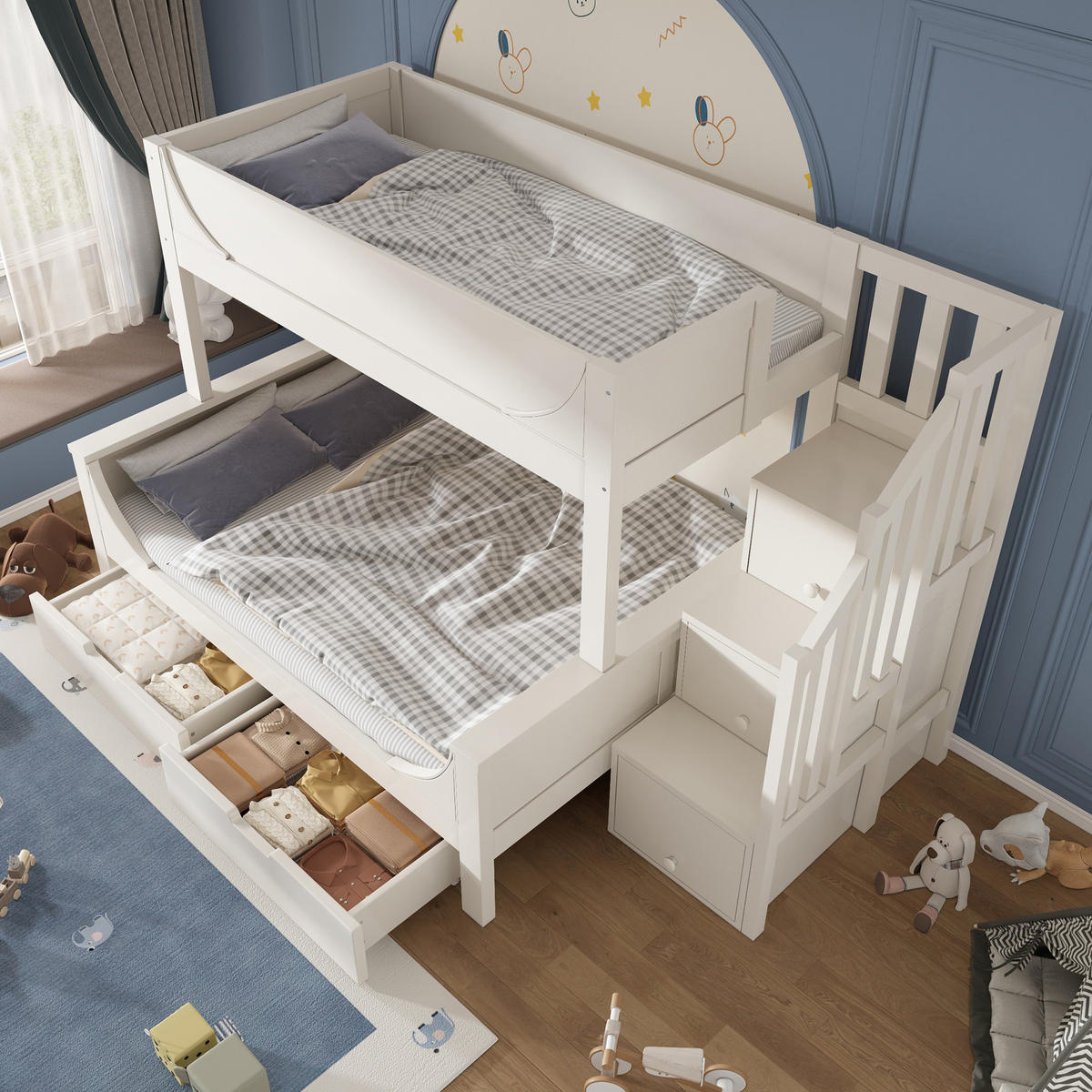 ETAGENBETT aus Holz & Metall 90/140x200 cm in Weiß mit Leiterschrank & Schubladen - Weiß, Holz (90/200cm) - Modfu