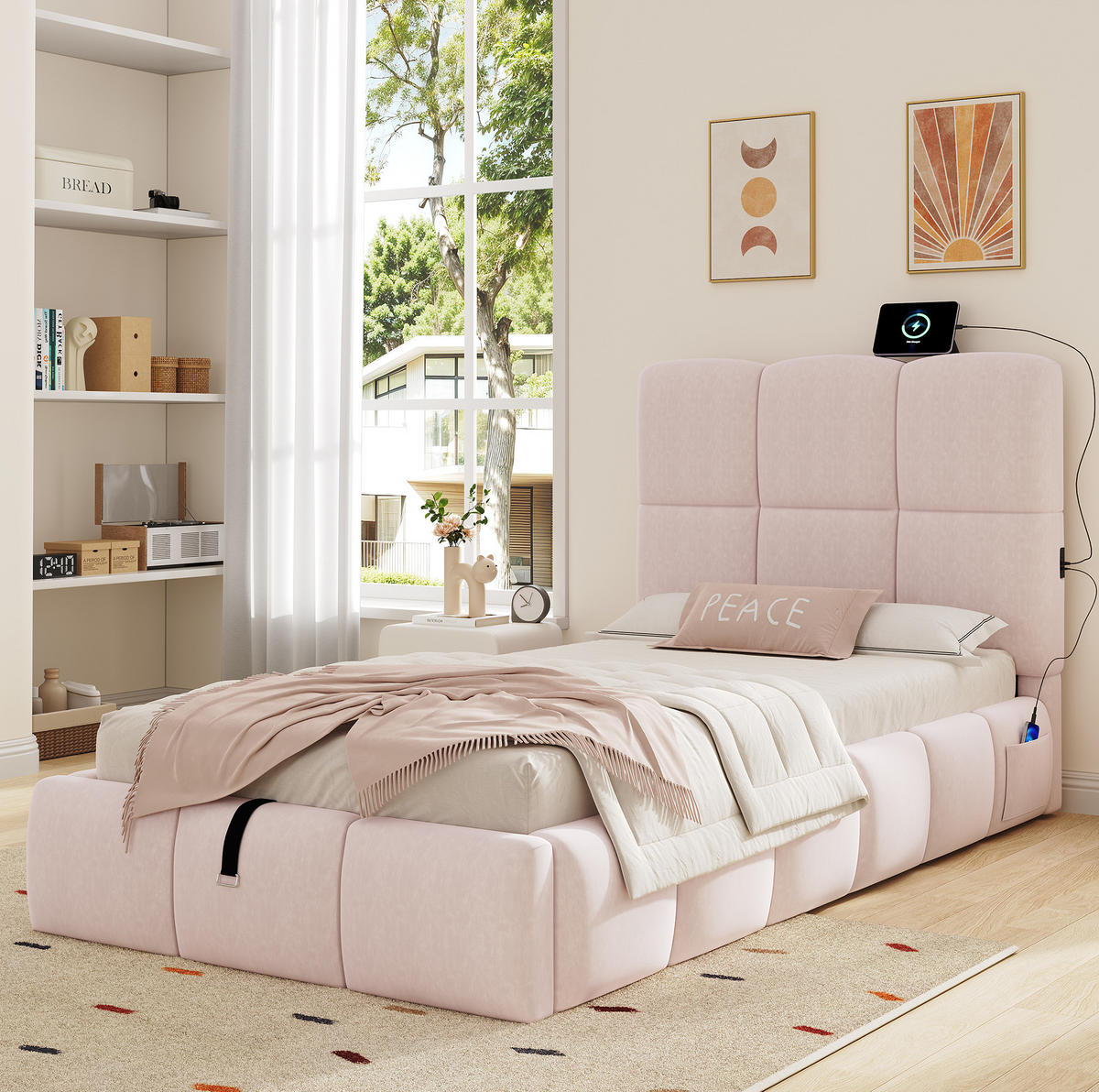 BETT mit Stauraum und USB 90x200 cm Samt Pink - Pink, Metall (90/200cm) - Meubliv