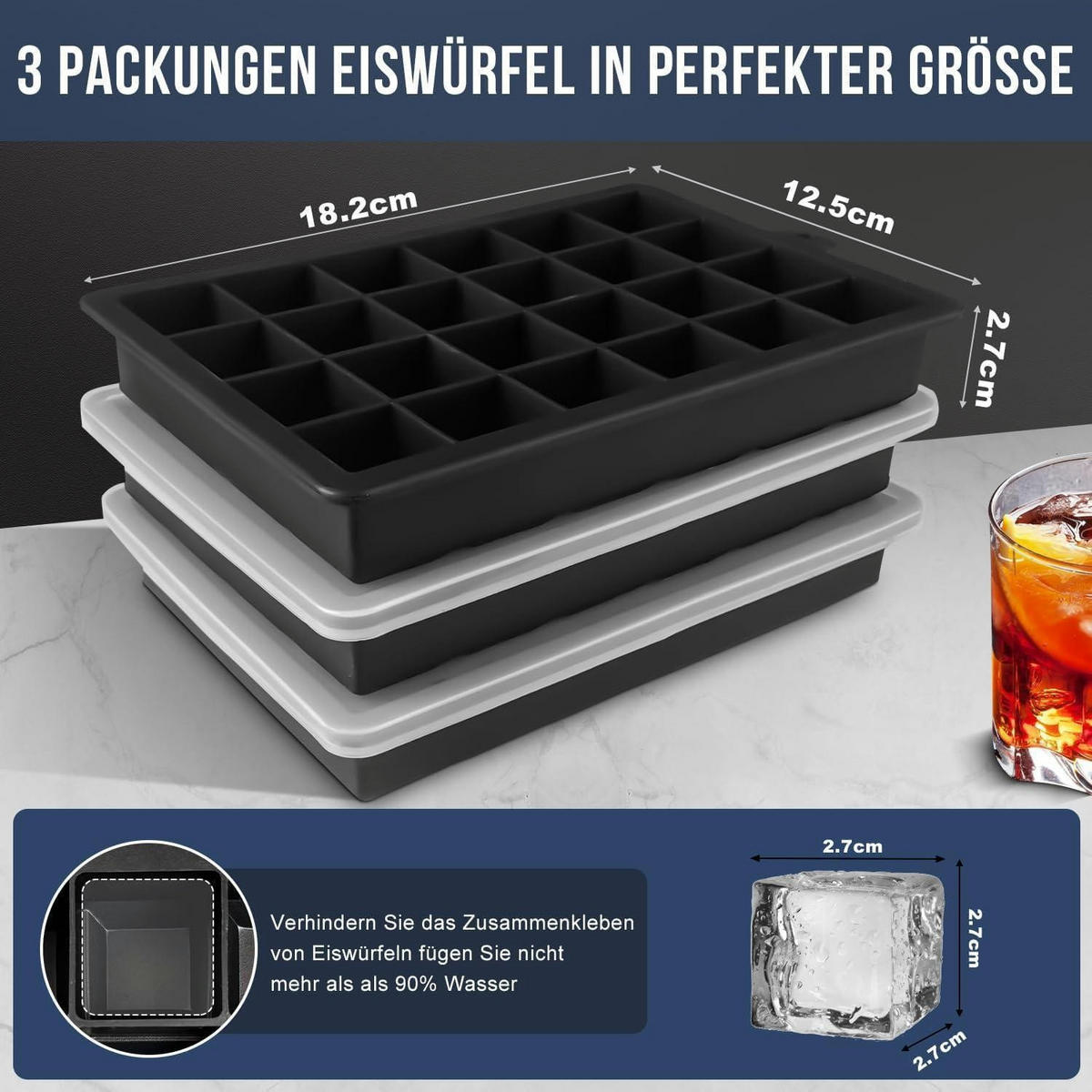 EISWÜRFELFORM 3er-Set Silikon mit Deckel 72 Eiswürfel - Schwarz, Kunststoff (1/1/1cm)