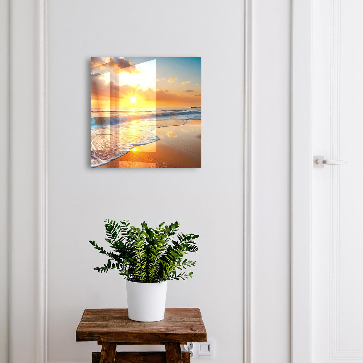 SCHLÜSSELBOX Weiß 30x30 cm – Türöffnung nach rechts - Sonnenuntergang über dem Meer - Orange, Metall (30/30/5cm) - TULUP
