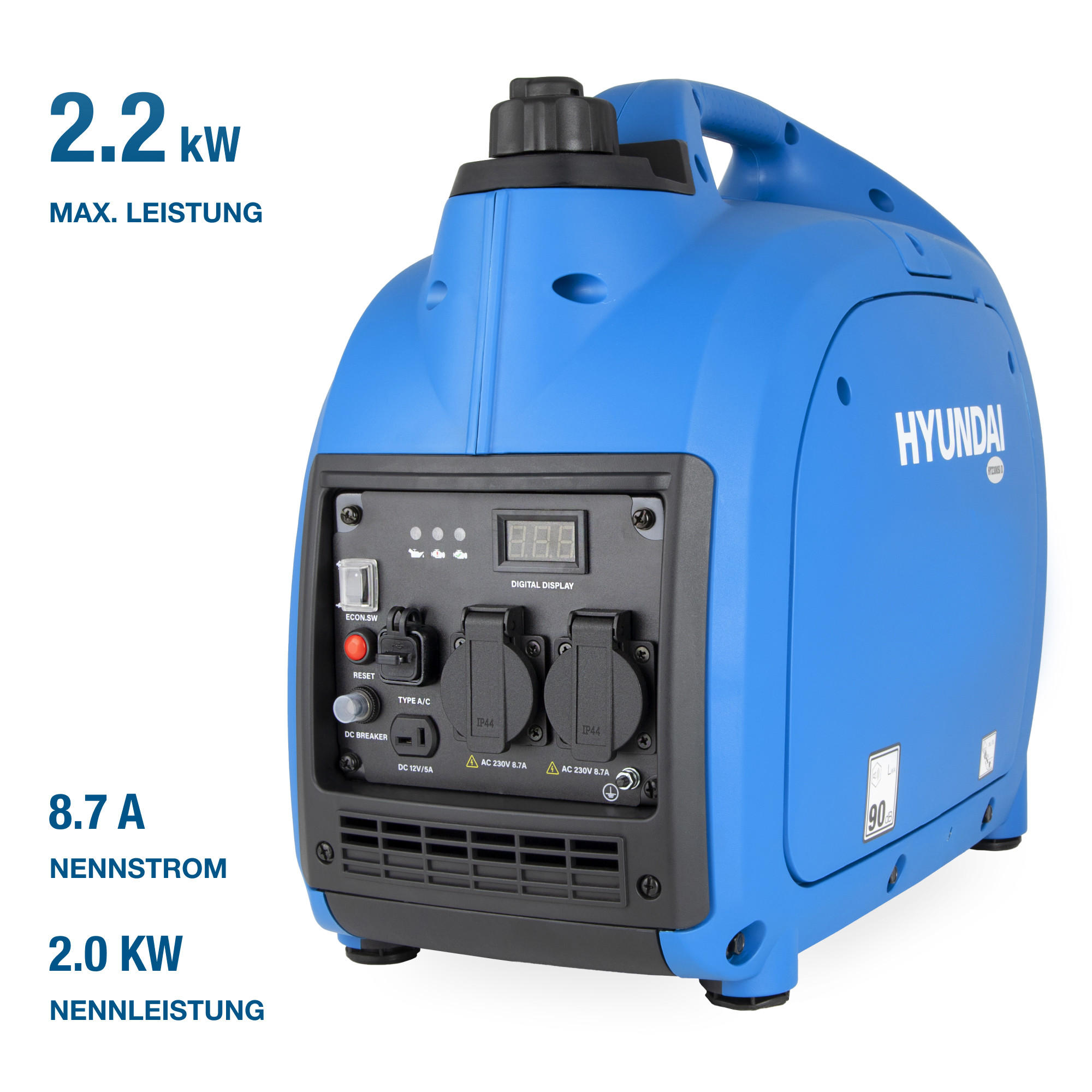 INVERTER-GENERATOR HY2300Si D (2.2 kW, tragbar, 2 x 230V + 1 x 12V, 1 x USB) - Blau, Metall (52/28/45cm) - HYUNDAI