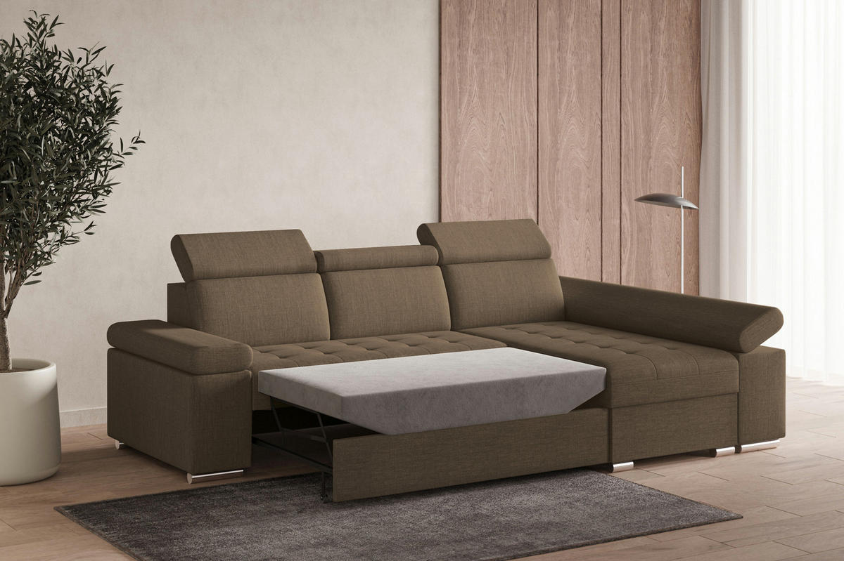 ECKSOFA mit Schlaffunktion Luka L Twist 06 - Braun - Rechts - Silberfarben/Braun, Holzwerkstoff (260/168cm) - Möblo