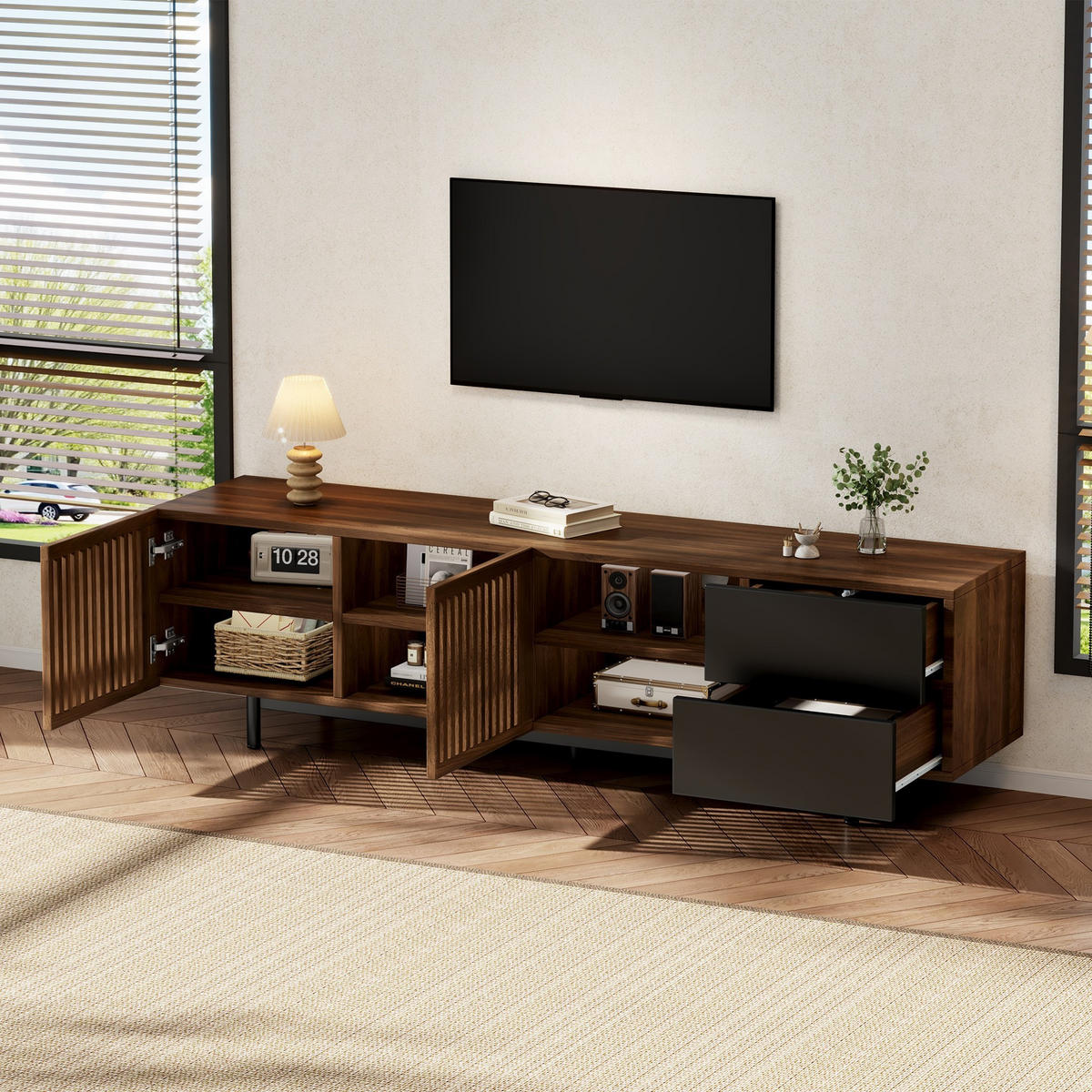 TV-LOWBOARD Walnuss & Schwarz 160cm mit Lamellentüren und 2 Schubladen - Walnussfarben, Holzwerkstoff (160/50/38cm) - Urban Meuble