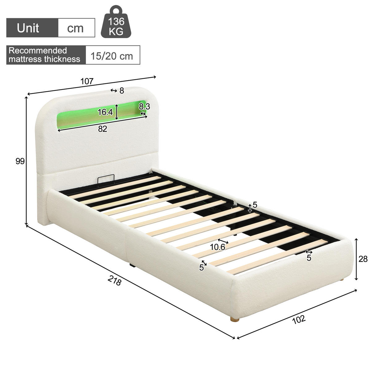 POLSTERBETT 90/200 cm Weiß aus Bouclé mit Stauraum und LED-Beleuchtung - Weiß, Textil (90/200cm) - OKMYHOME