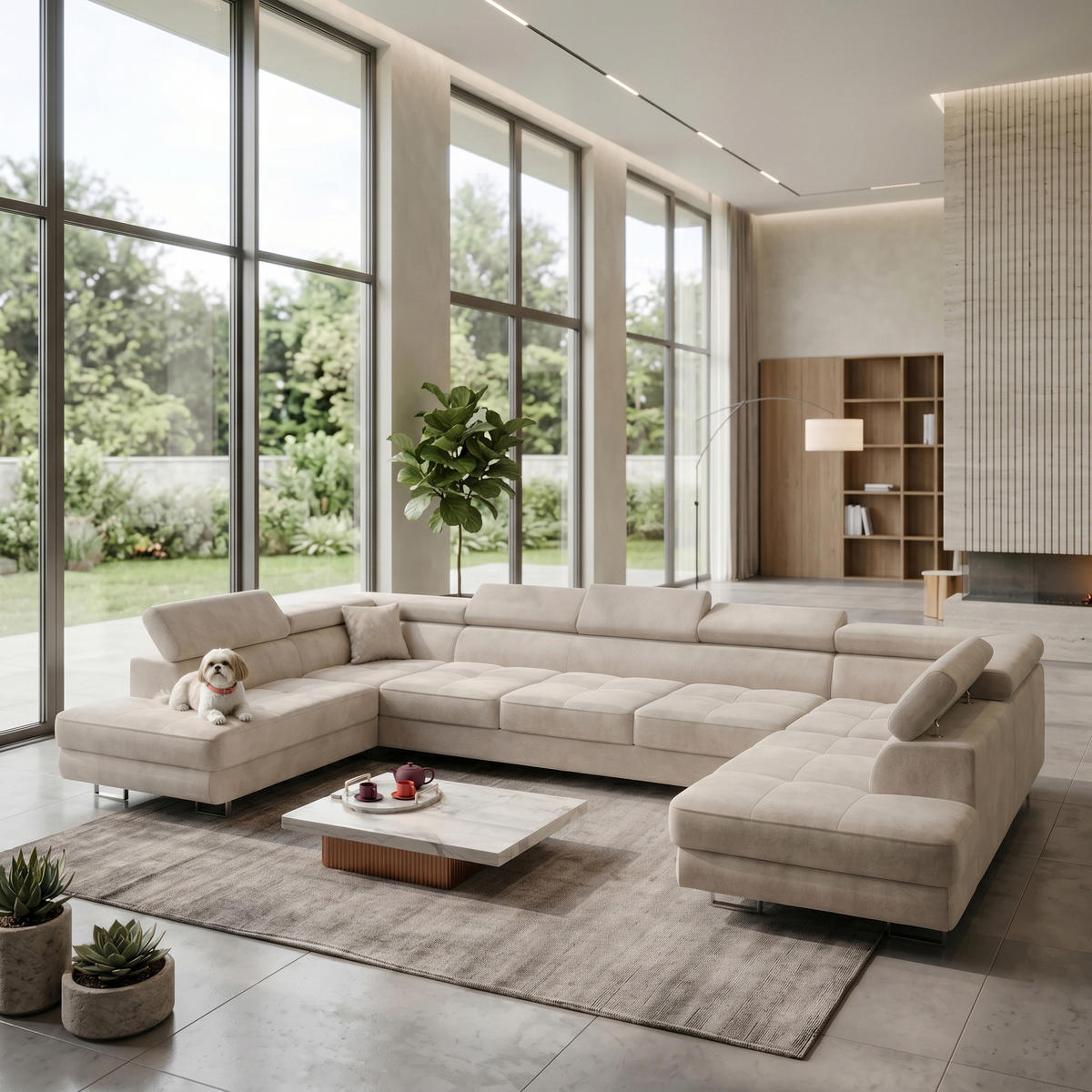 ECKSOFA U-Form WILD MAXI U2 mit Schlaffunktion 125x329 Velours Beige - Chromfarben/Beige, Holz/Textil (400/90/203cm) - Muffo