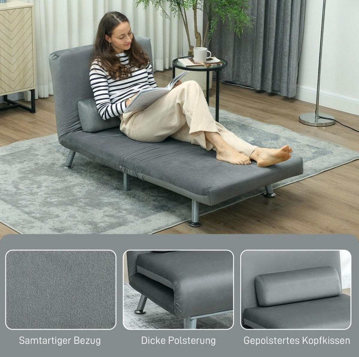 SCHLAFSESSEL 70/75/75 cm mit Liegefläche 75/180 cm – klappbar, platzsparend - Grau, Textil (70/75/75cm) - BEAOK