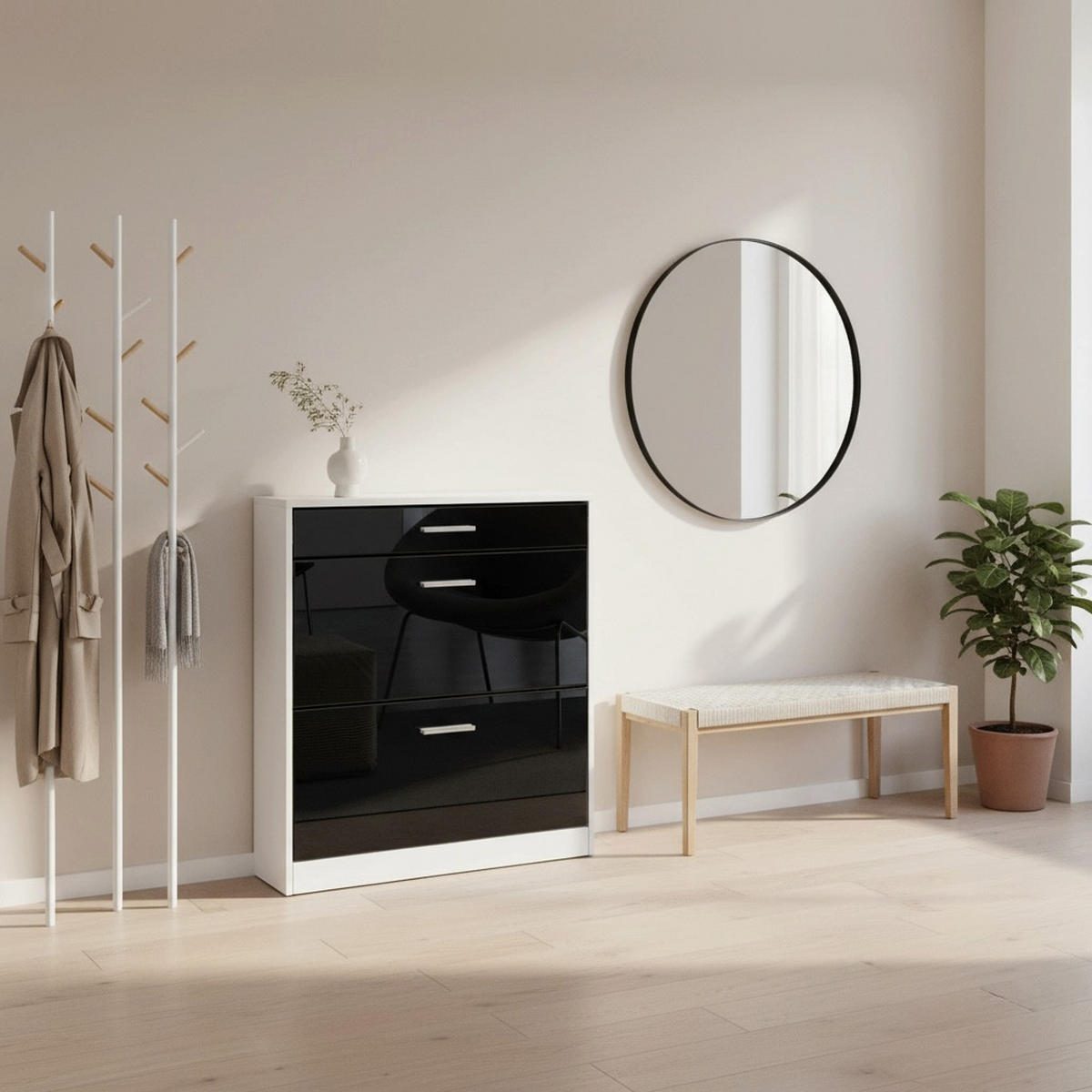 SCHUHSCHRANK Roma Schmal mit 2 Klappen und 1 Schublade, Platzsparender Schuhkipper, Weiß matt/Schwarz Hochglanz (89 x 95,5 x 23 cm) - Schwarz Hochglanz, Holzwerkstoff (89/95.5/23cm) - InnoFurn