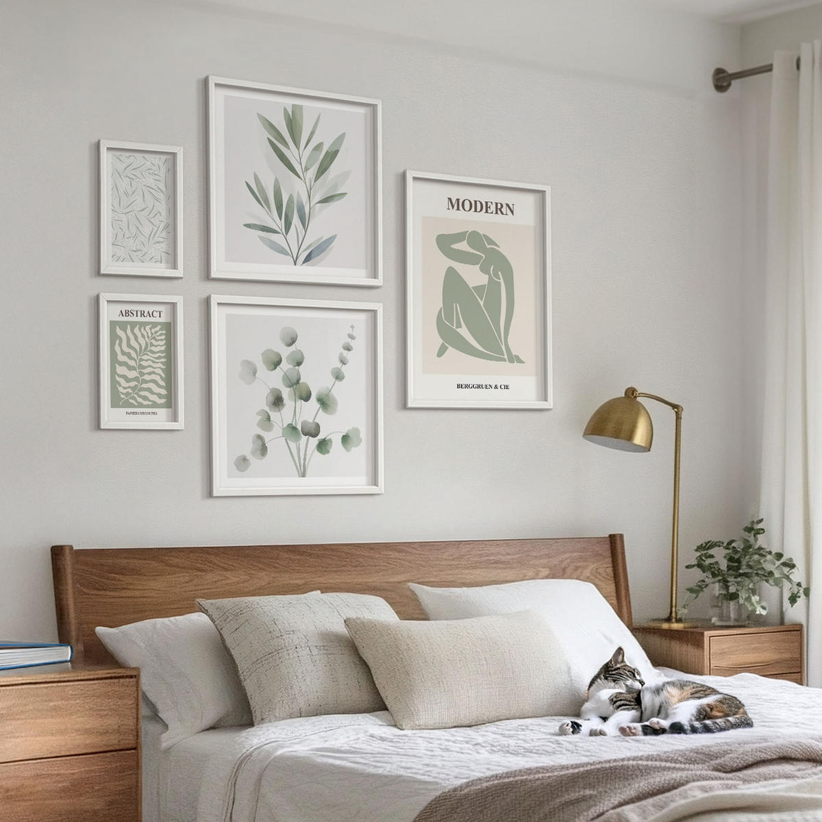 BILDER SET 5er Set - 50x50 cm & 20x30 cm & 40x60 cm Weißer Rahmen - Matisse entwirft Boho-Pflanzen - Weiß, Kunststoff (40/60cm) - TULUP