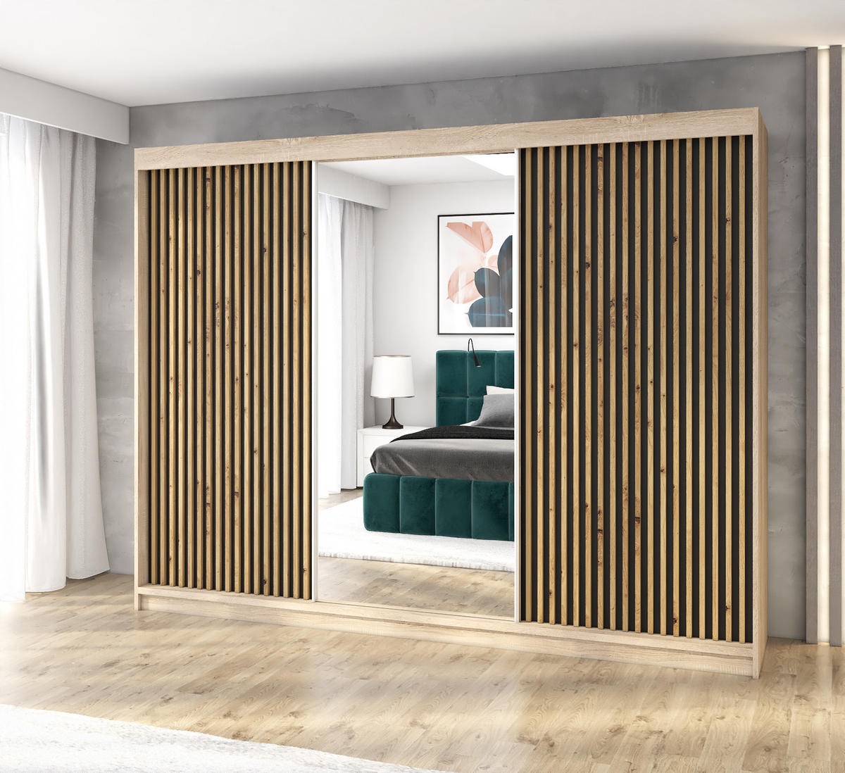 SCHWEBETÜRENSCHRANK 200 CM FARA Farbe: Sonoma / schwarz - Schwarz/Braun, Holzwerkstoff (200/215/59.5cm) - A&J MöbelLand