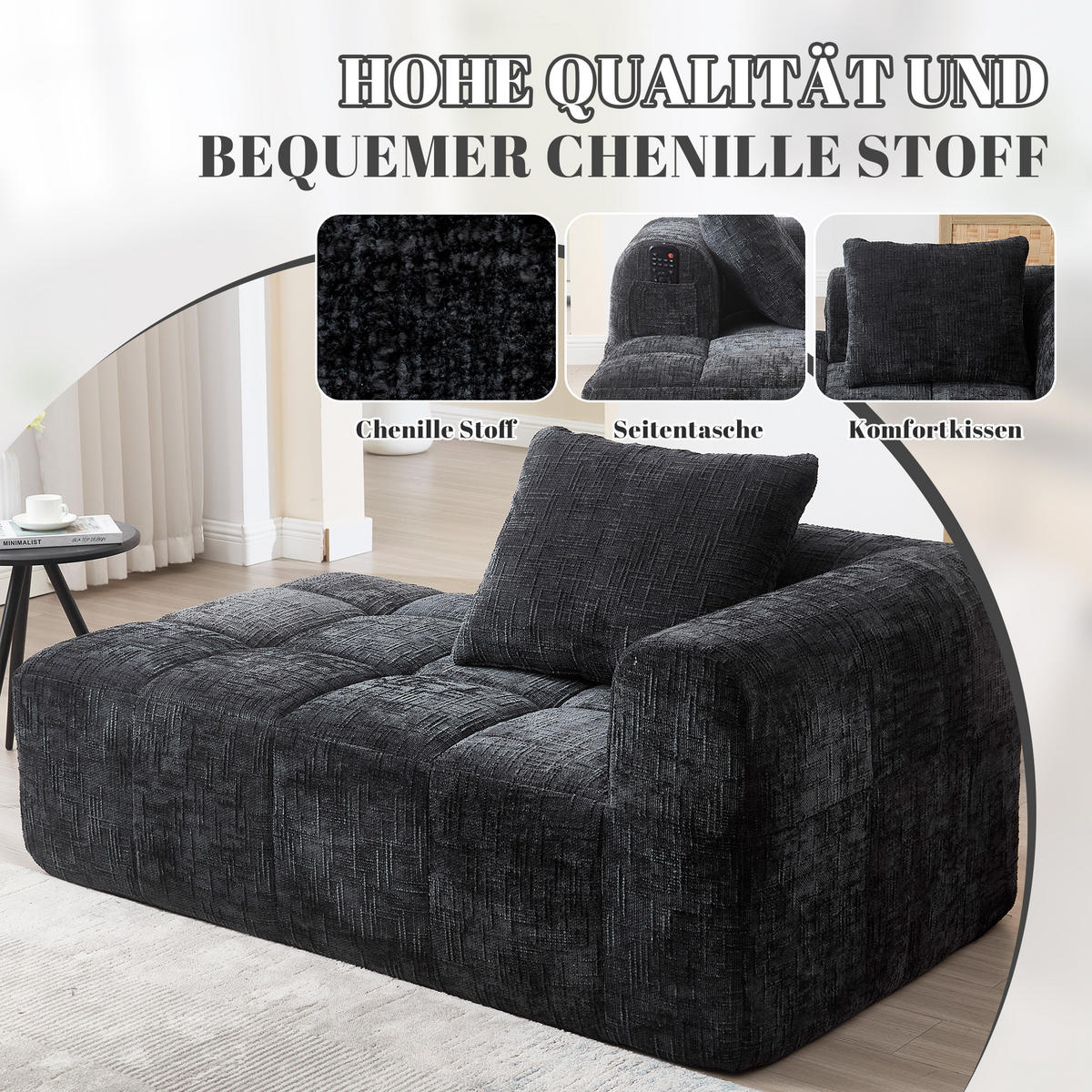 CHAISELONGUE Sofa Chenille mit Seitentaschen und Kissen 158/90/60 cm Schwarz - Schwarz, Textil (60/158/90cm) - Redom