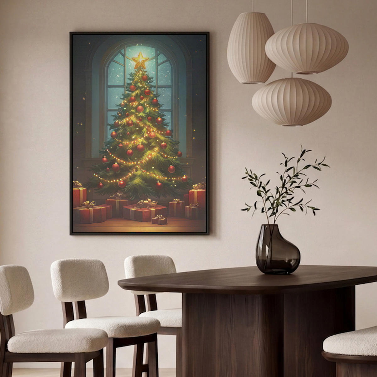 LEINWAND Bilder mit Rahmen - Weihnachtsbaum - Geschenk - Winter - 100x150 - Grün, Textil (100/150cm) - MuchoWow