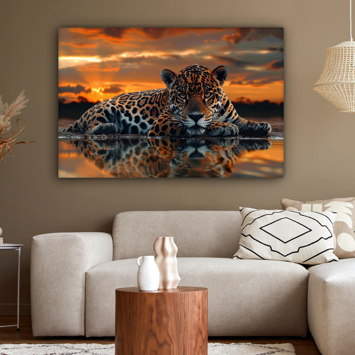 LEINWANDBILD Natur - Leopard - Tier - Sonnenuntergang - Modern Groß 140x90 cm - Orange, Textil (140/90cm) - MuchoWow
