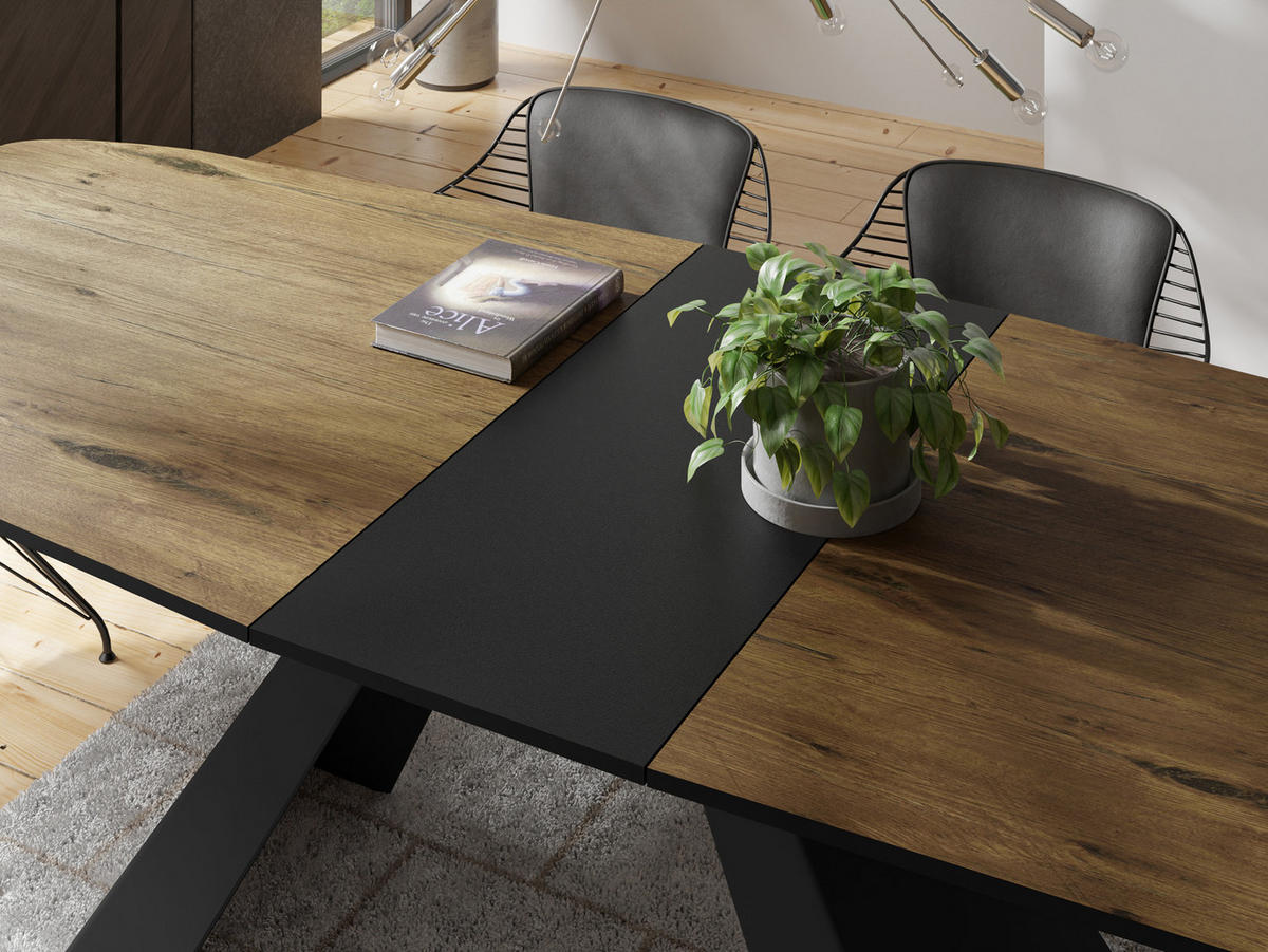 ESSTISCH Monte rechteckig ausziehbar, Lancelot Eiche 180-220/90/76 cm - Eichefarben/Schwarz, Holzwerkstoff/Metall (180/90/76cm) - WFL GROUP