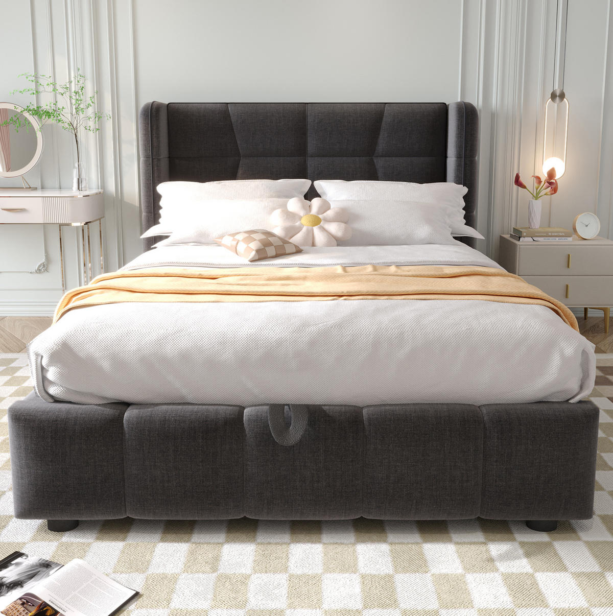 POLSTERBETT mit Bettkasten 90/200 cm in Grau mit gepolstertem Kopfteil - Grau, Textil (90/200cm) - BEAOK