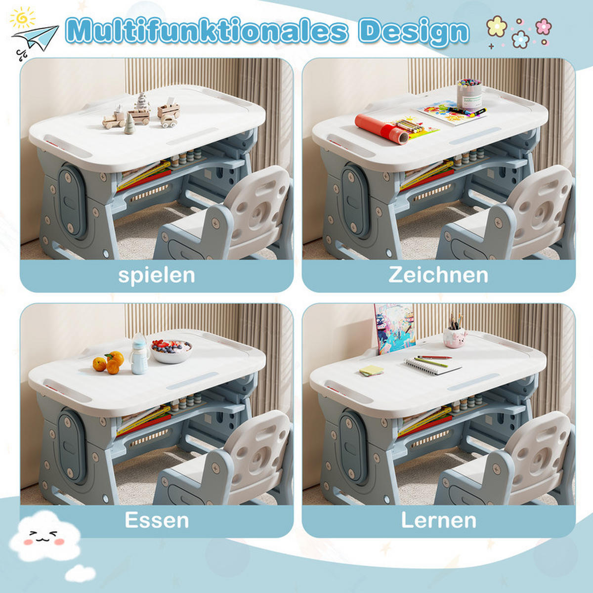 KINDERTISCH-STUHL-SET mit Höhenverstellung blau(2-tlg) - Blau, Kunststoff (80/49/50cm) - COSTWAY