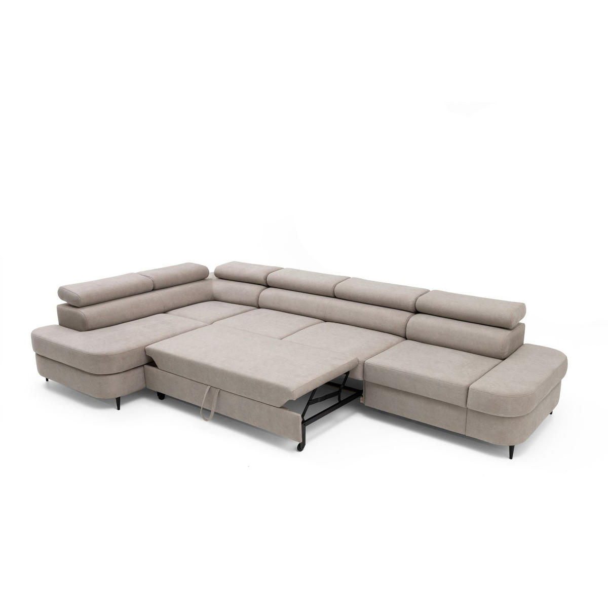 ECKSOFA PRIAM MAXI L-Form Links mit Schlaffunktion 125x195 Velours Beige - Beige/Schwarz, Holz/Textil (203/350cm) - Muffo