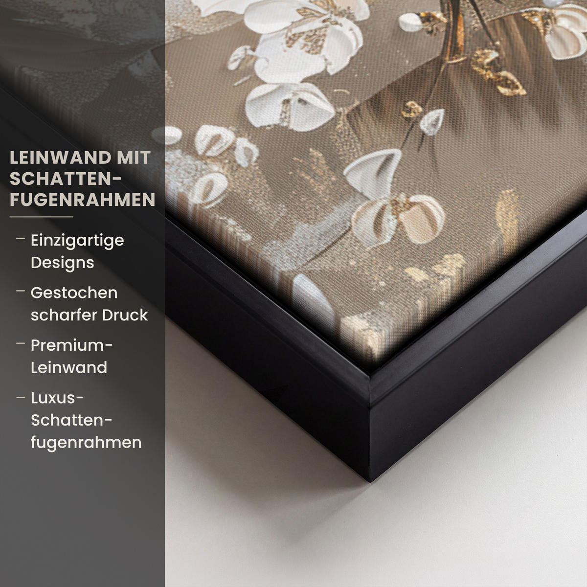 LEINWAND Bilder mit Rahmen - Blumen - Weiß - Gold - Beige - Luxus - 100x70 - Greige, Textil (100/70cm) - MuchoWow