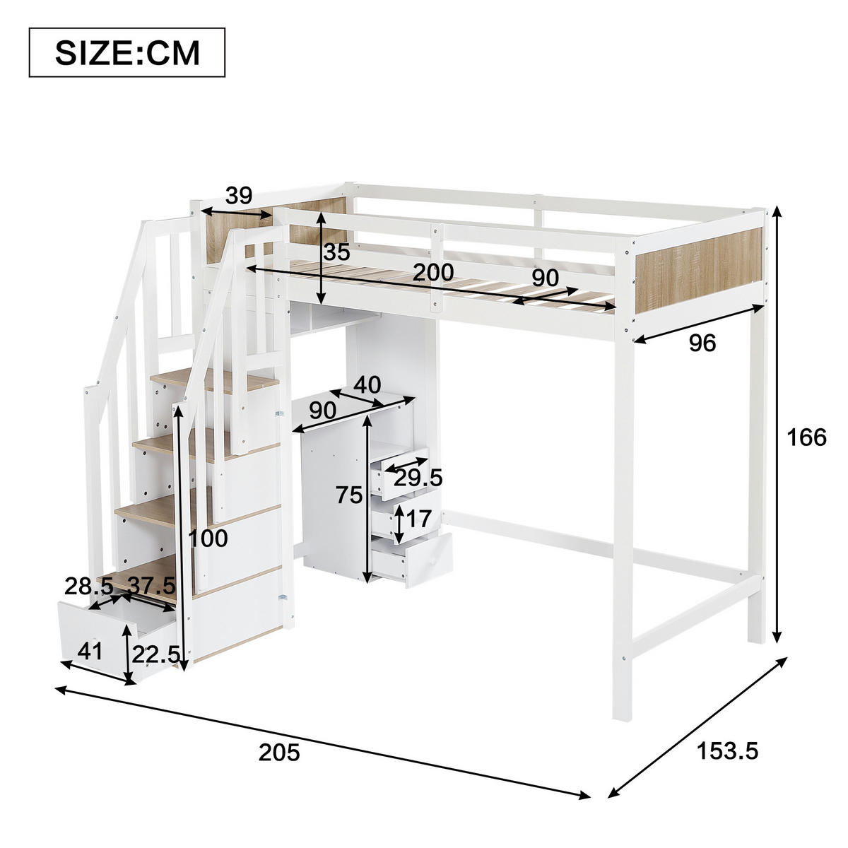 HOCHBETT 90/200 cm mit Schreibtisch und Stauraumtreppe in Weiß/Natur - Weiß, Holzwerkstoff (90/200cm) - BEAOK