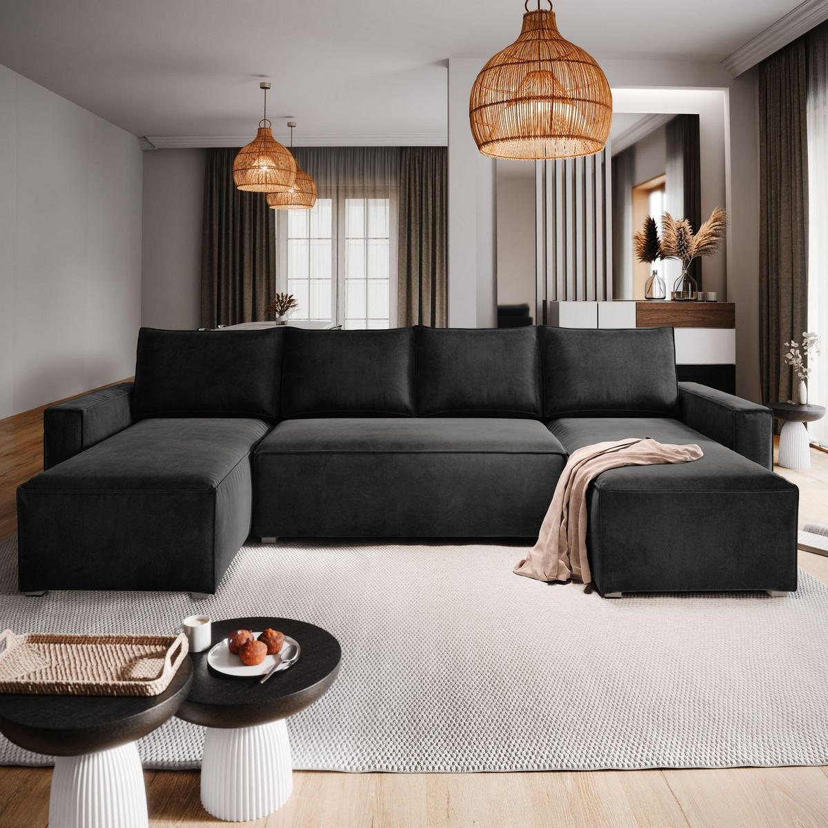 WOHNLANDSCHAFT DENI Schwarz Velours-Stoff mit Schlaffunktion - Schwarz, Holz (295/85/140cm) - MASSENO