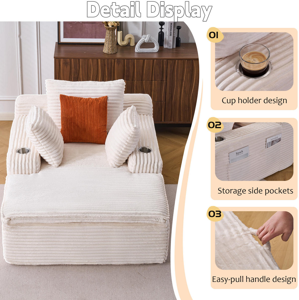 SOFA mit Schlaffunktion, Chaise Lounge, 3 Kissen, Beige, Cordstoff - Beige, Kunststoff (112/63/165cm) - Meubliv