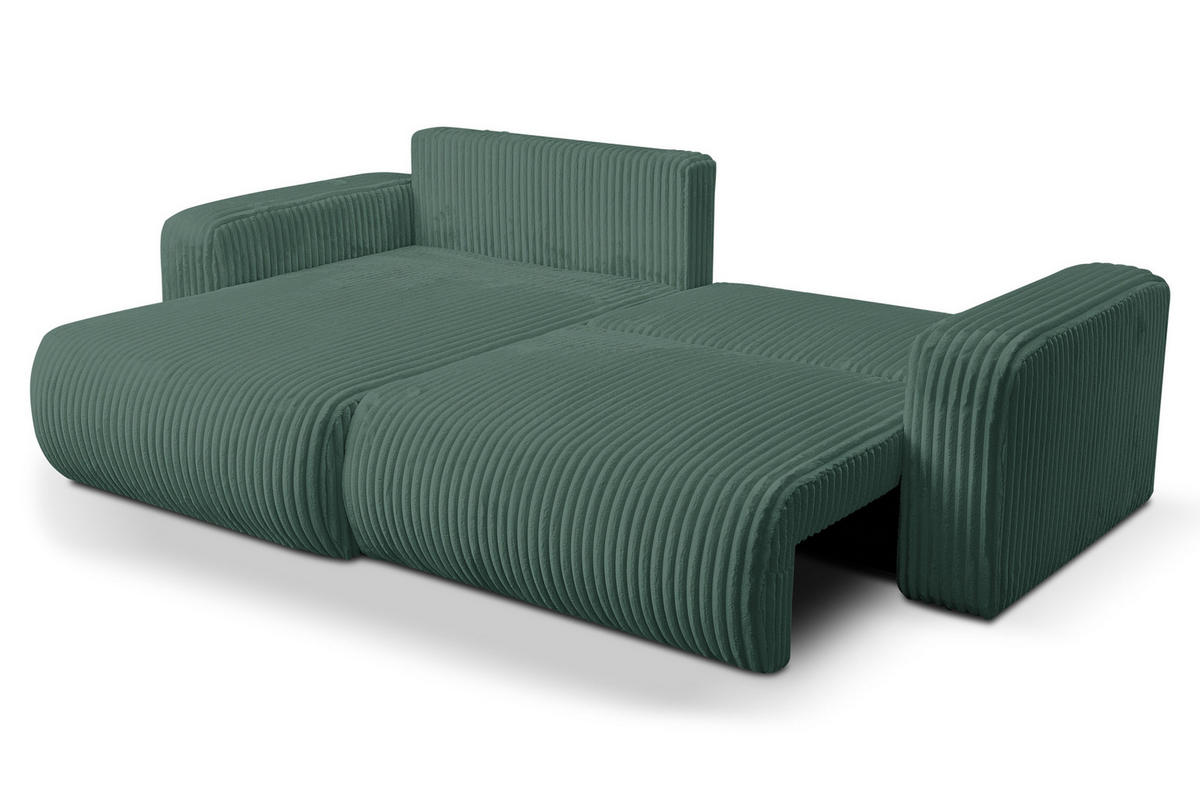 ECKSOFA Tilly, Eckcouch in L-Form mit Schlaffunktion und Bettkasten, Farbe: Grün, Cordstoff, Ottomane Universal - Grün, Textil (244/142cm) - VENASI MÖBEL