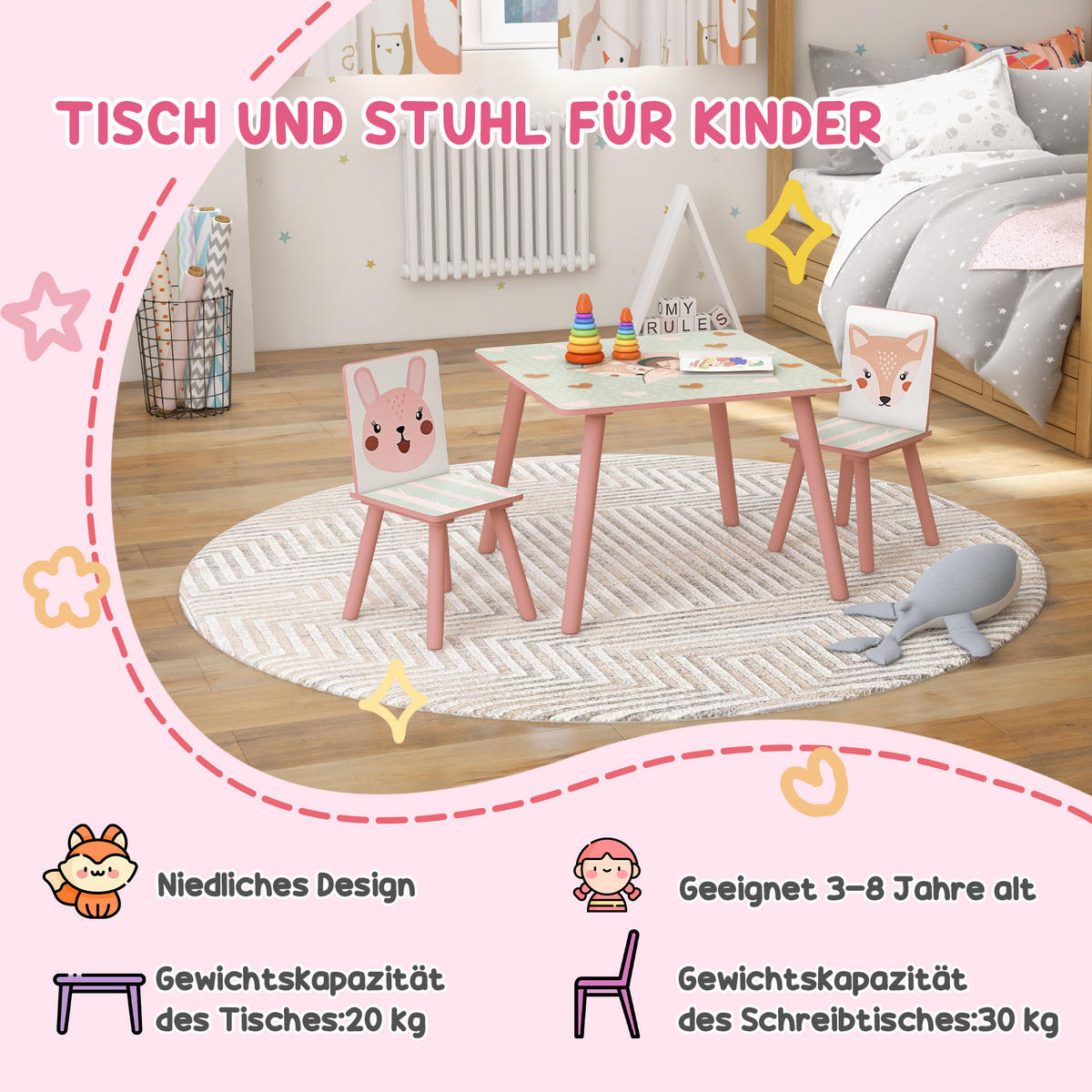 KINDERTISCHGRUPPE Rosa 60.0/60.0/44.0cm - Rosa, Holzwerkstoff (60/44/60cm)