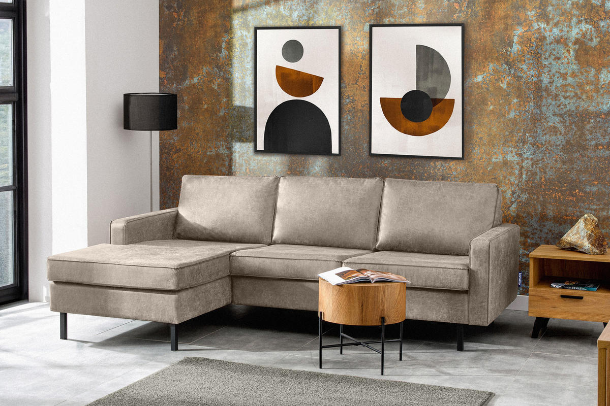 ECKSOFA-LINKS INVIA mit Armlehnen vintage, Lederoptik-Stoff, hellgrau - Hellgrau/Schwarz, Textil (234/160cm) - KONSIMO®