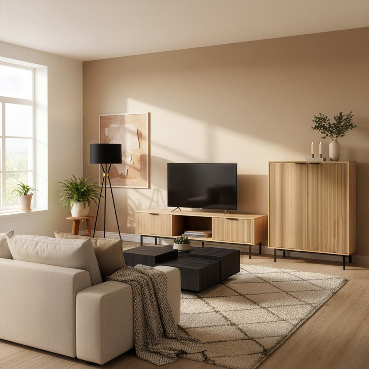 TV-SCHRANK NYLA - Natur/Schwarz, 160 x 43 cm - Naturfarben, Holzwerkstoff (160/43/42cm) - Home Deluxe