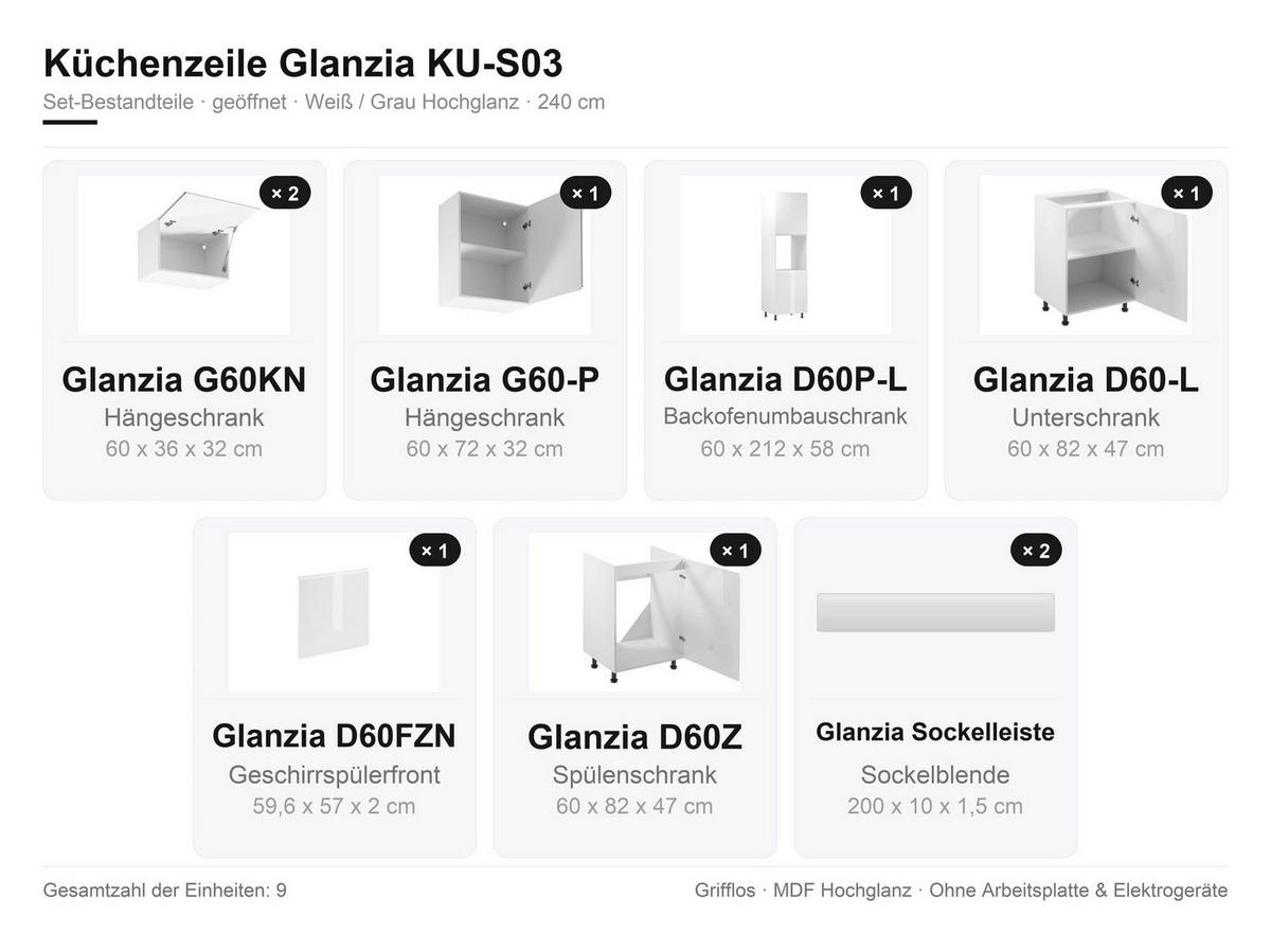 KÜCHENZEILE 240 cm Glanzia – KU-S03 – Weiß / Grau – Hochglanz - Weiß Hochglanz, Holzwerkstoff (240/212/58cm) - hi-markt