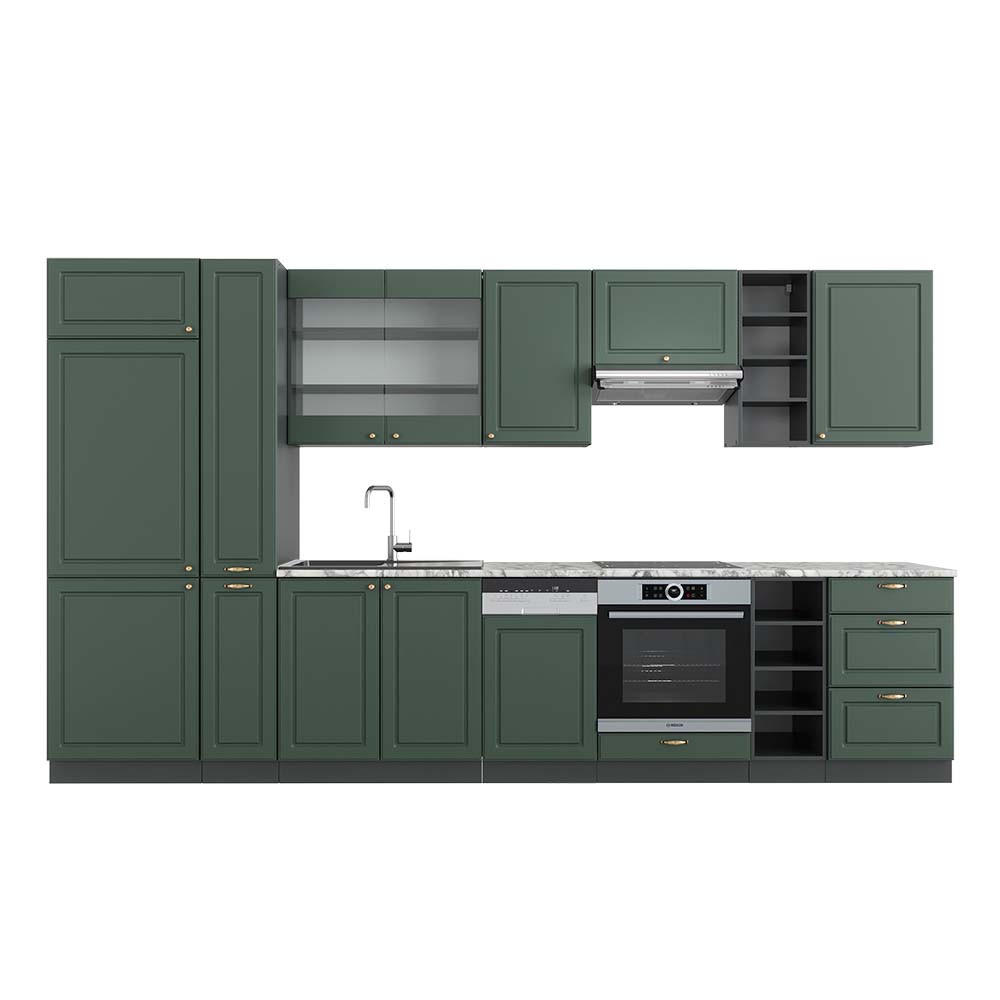 KÜCHENZEILE Fame-Line Grün-Gold Landhaus/Anthrazit 355 cm, AP Marmor - Anthrazit/Grün, Holzwerkstoff (355/81.6/60cm) - Vicco