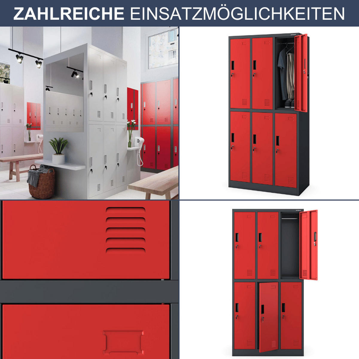 UMKLEIDESCHRANK Spind TOKIO 6 Abteile 185x90x45cm Anthrazit-Rot - Anthrazit, Metall (90/185/45cm) - DELUKE