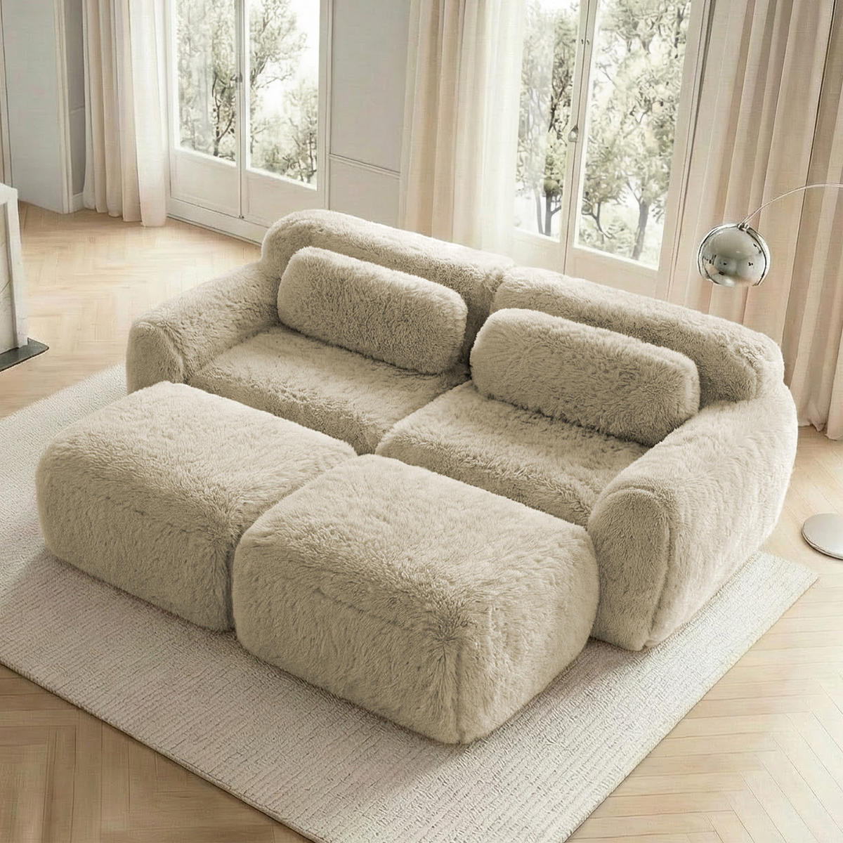SOFA modulares 2-Sitzer mit 2 Ottomans Plüsch Light Khaki - Braun, Kunststoff (179/73/204cm) - Meubliv