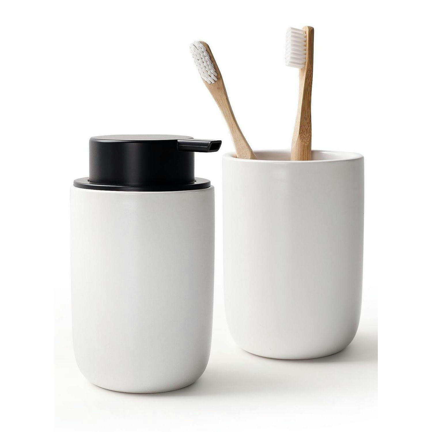 SEIFENSPENDER mit Zahnbürstenhalter Keramik Weiß 350ml - Weiß, Keramik (8/14/8cm)