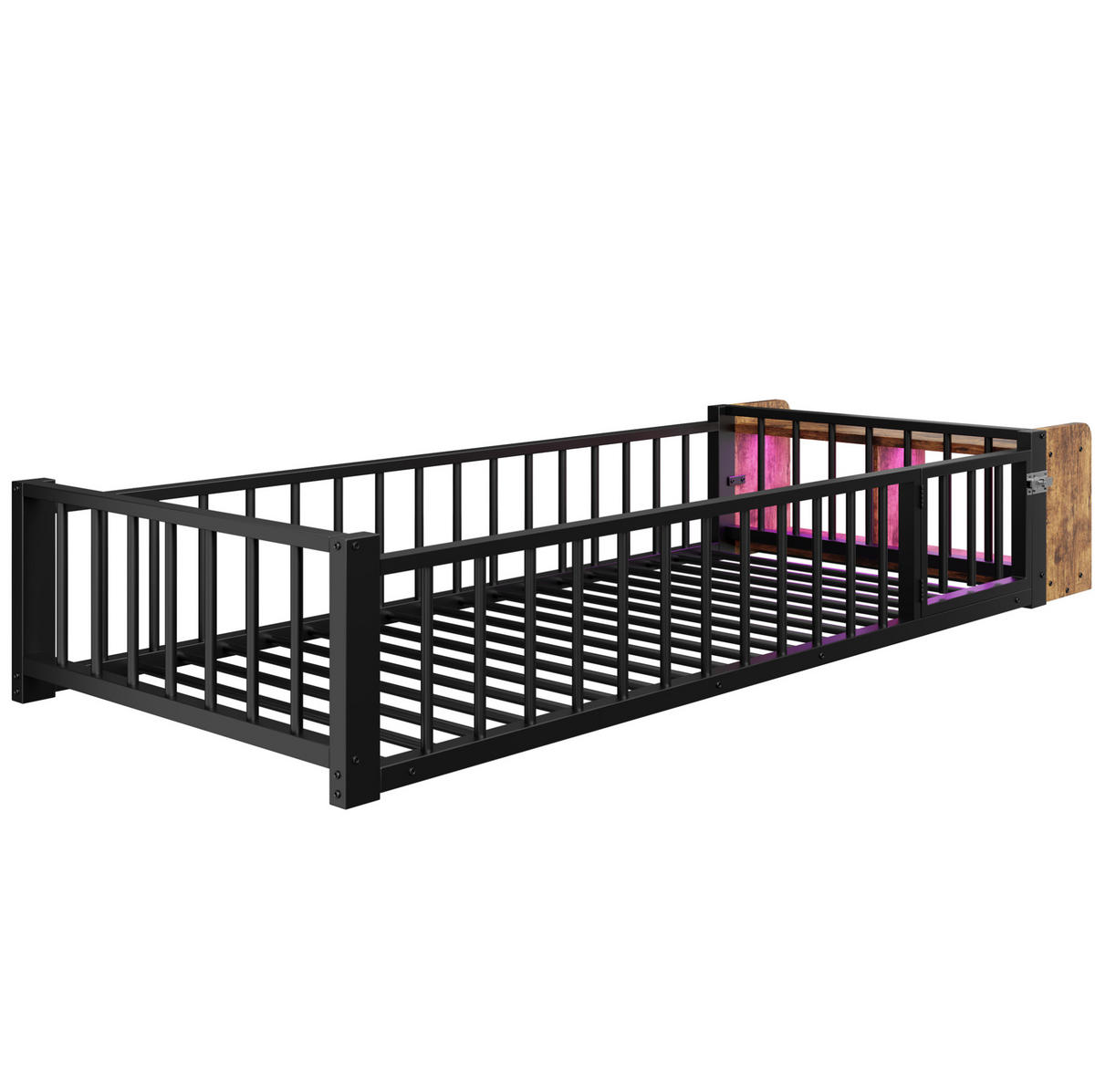 KINDERBETT 90/200 cm aus Metall mit Schutzgeländer und LED-Beleuchtung - Schwarz, Holzwerkstoff (90/200cm) - Flora Grace