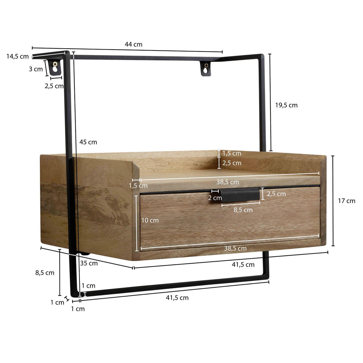 NACHTTISCH Mango Massivholz Wandmontage Schublade Boxspringbett, Beige 44x35x45 cm - Beige/Schwarz, Holz/Metall (44/45/35cm) - KADIMA DESIGN