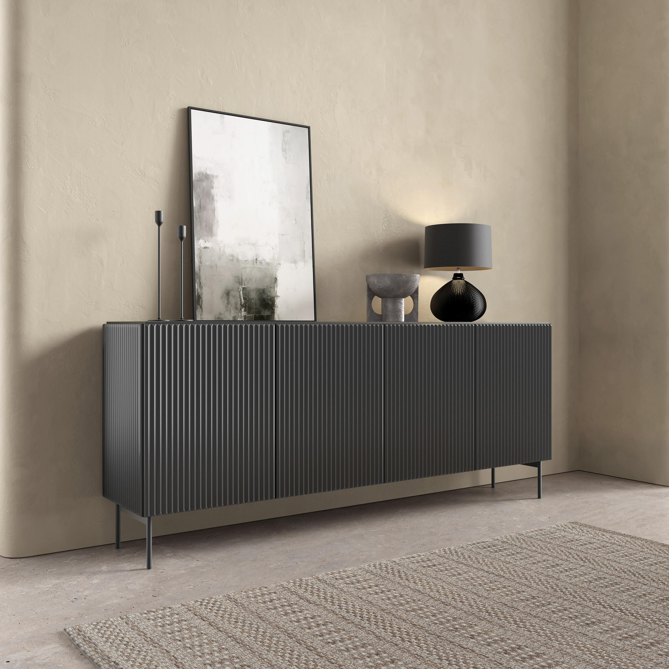 SIDEBOARD TRATTO 195,2/81,2/39,8cm 4 Türen Schwarz - Schwarz, Holzwerkstoff (195.2/81.2/39.8cm) - MASSENO