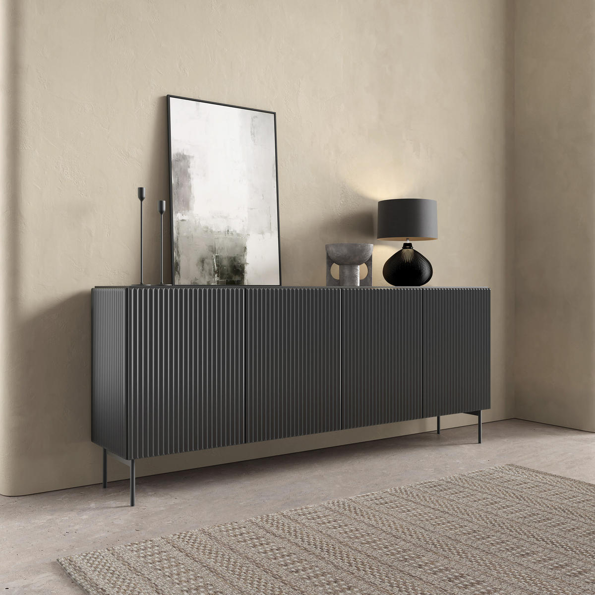 SIDEBOARD TRATTO 195,2/81,2/39,8cm 4 Türen Schwarz - Schwarz, Holzwerkstoff (195.2/81.2/39.8cm) - MASSENO