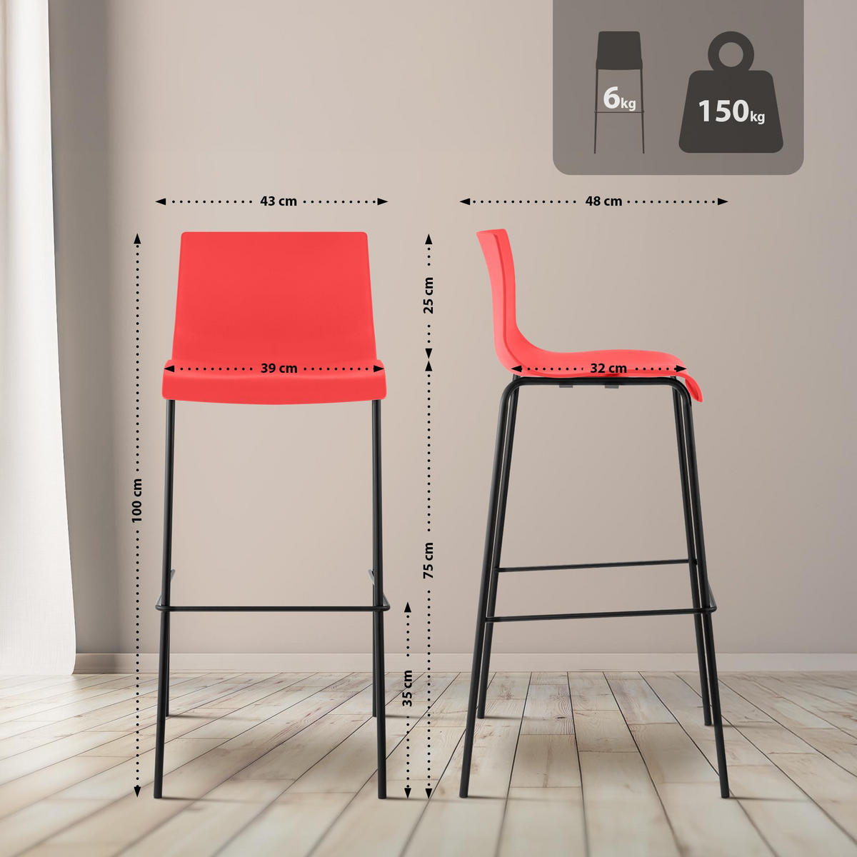 BARHOCKER 2er Set Kunststoff rot - Rot/Schwarz, Kunststoff/Metall (43/100/48cm) - CLP