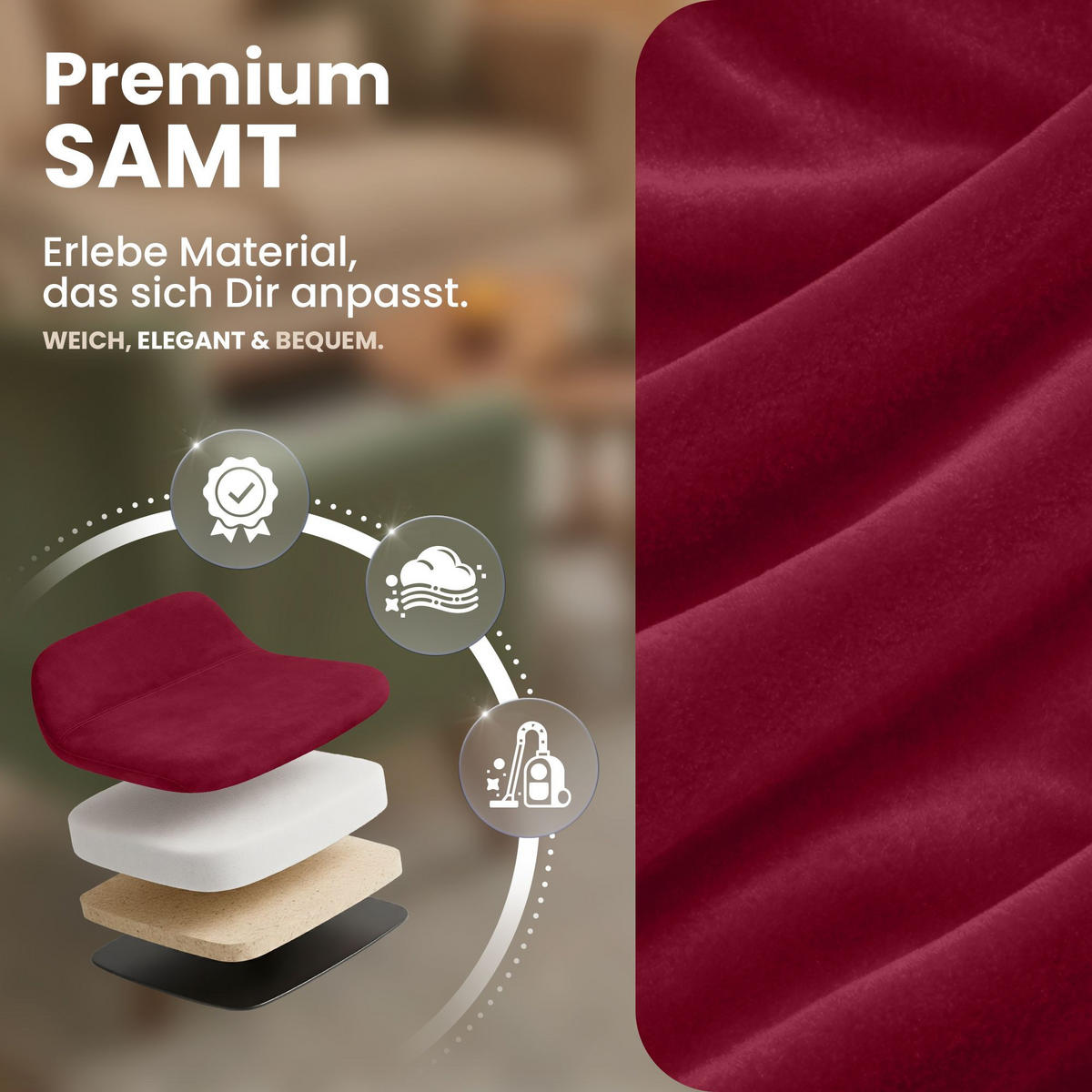STUHL 4 Samt Rot - Eukalyptusholzfarben/Rot, Holz/Textil (49/83/50cm) - CLP