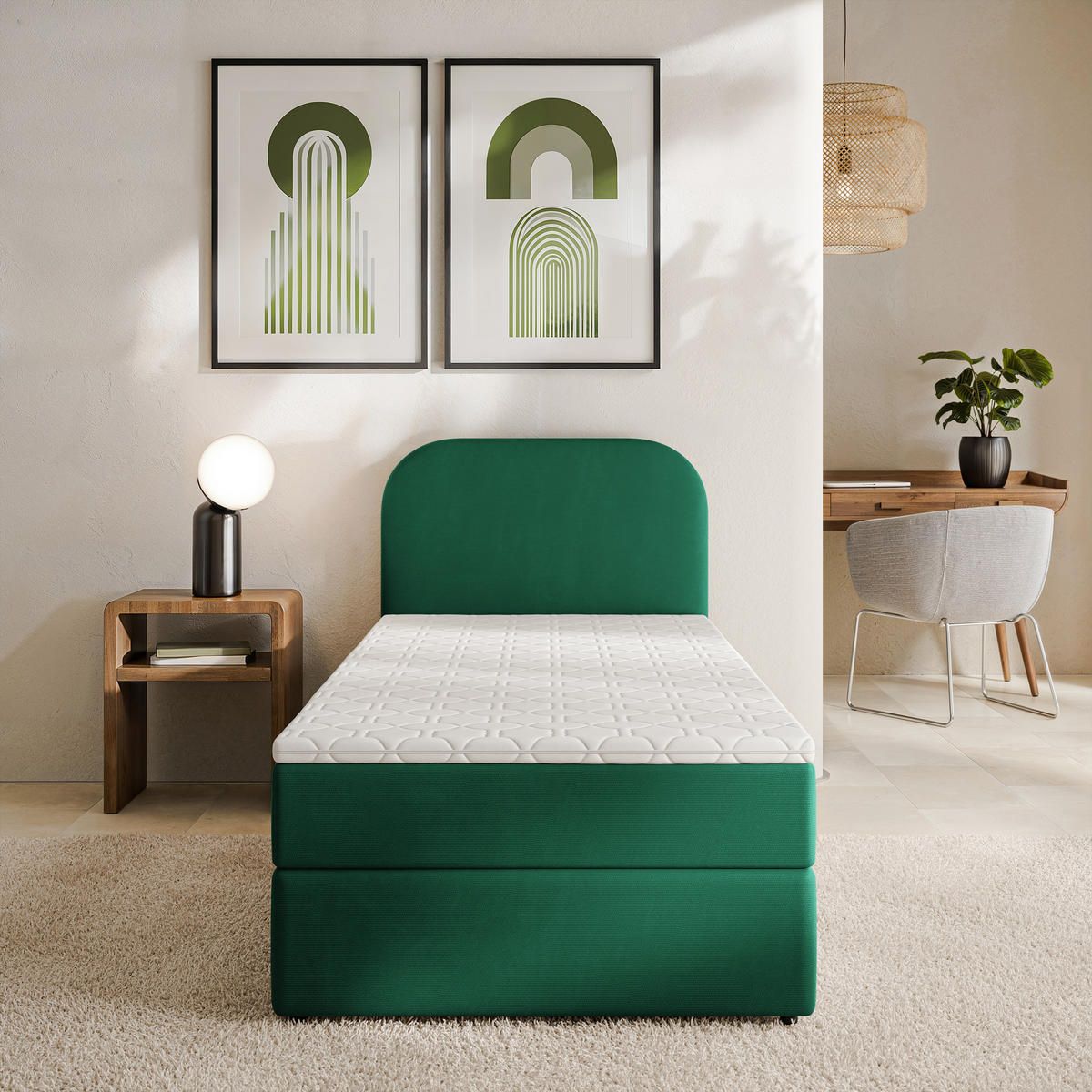 AMERICKÁ POSTEL CERIA 90x200 cm, s matrací a úložným prostorem, KRONOS 19, Flaschengrün - zelená barva, kompozitní dřevo/textil (90/200cm) - MASSENO