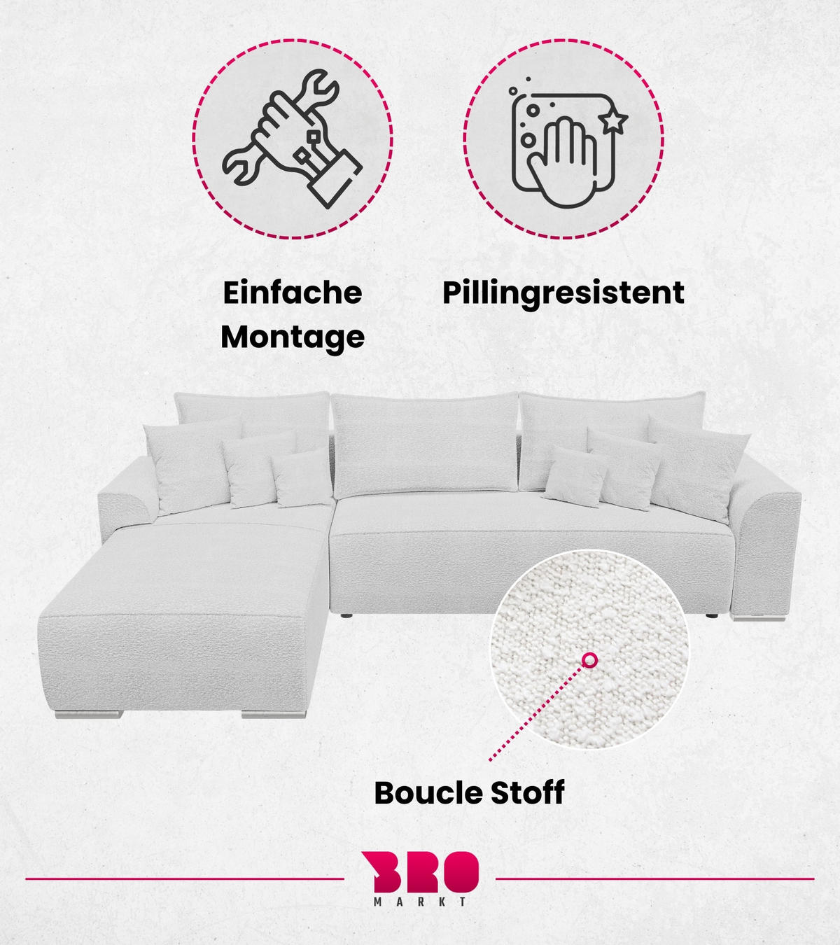 ECKSOFA Sydney mit Schlaffunktion Weiß Boucle - Ecru/Weiß, Textil (280/184cm) - Bromarkt